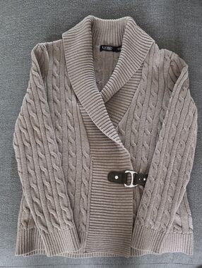 Ralph Lauren Taupe Cable Knit Shawl Collar Cardigan with Buckle